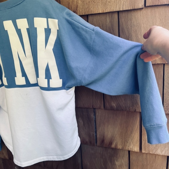 VS PINK Varsity Notch Neck Crew Pullover Sweatshirt Blue Colorblock Size M - Picture 15 of 16